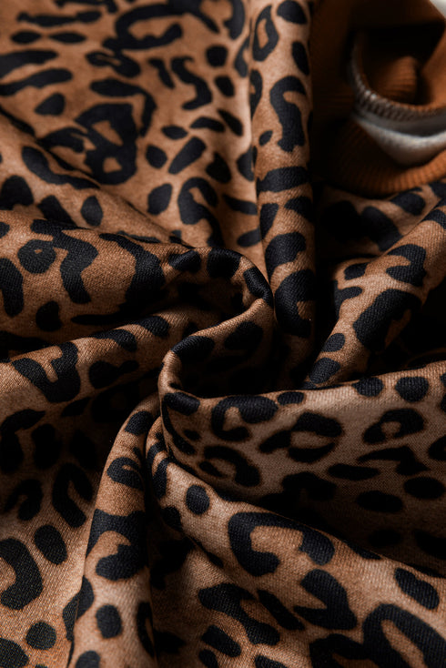 Leopard Print Contrast Rib Drop Shoulder Crewneck Pant Set